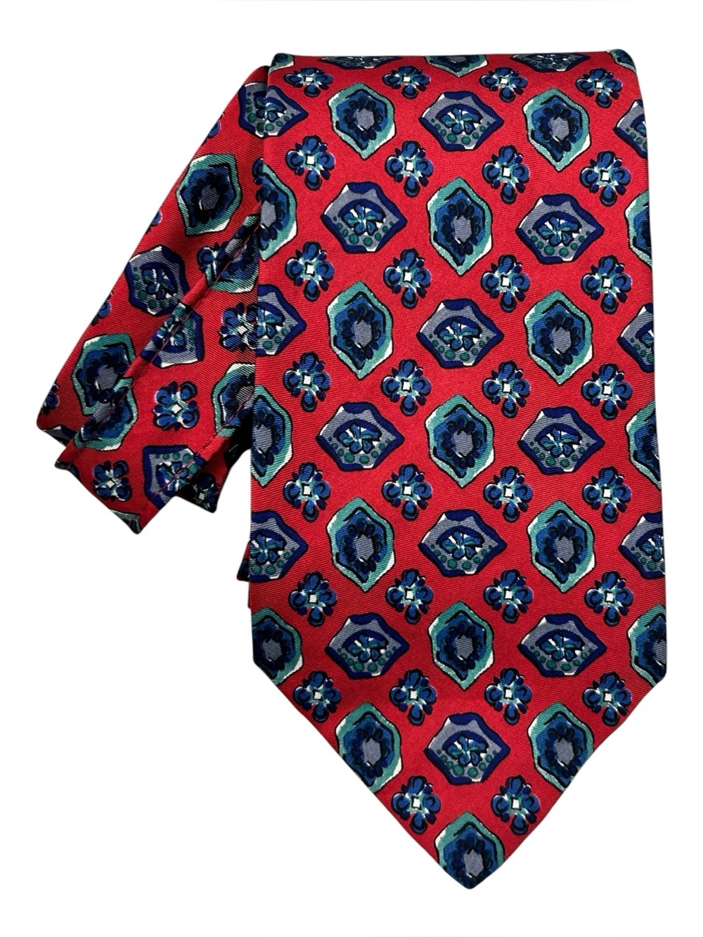 Countess Mara Men’s Red Medallion Patterned Silk Tie with Blue Accents Formal